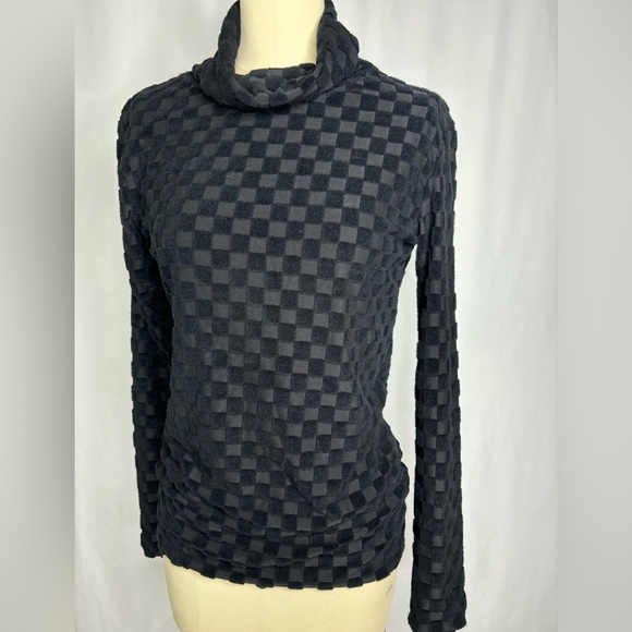 Vintage Unique Black Burnout Checkerboard Turtleneck Top Small Medium - Picture 2 of 7